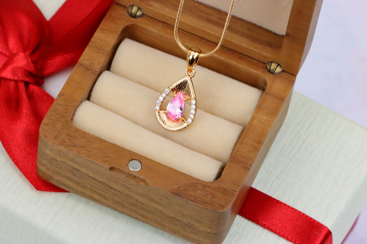 Teardrop Pink Pendant with Sparkling Crystals in Gold Plated Setting, XPPT1693 (2164-4)