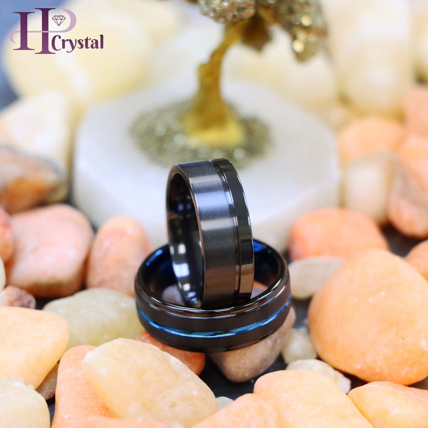 Zirconium Natural Gun Metal Off-Center Groove Zirconium Ring, Black IP with Blue Grooved Center Stepped Edge Tungsten Ring