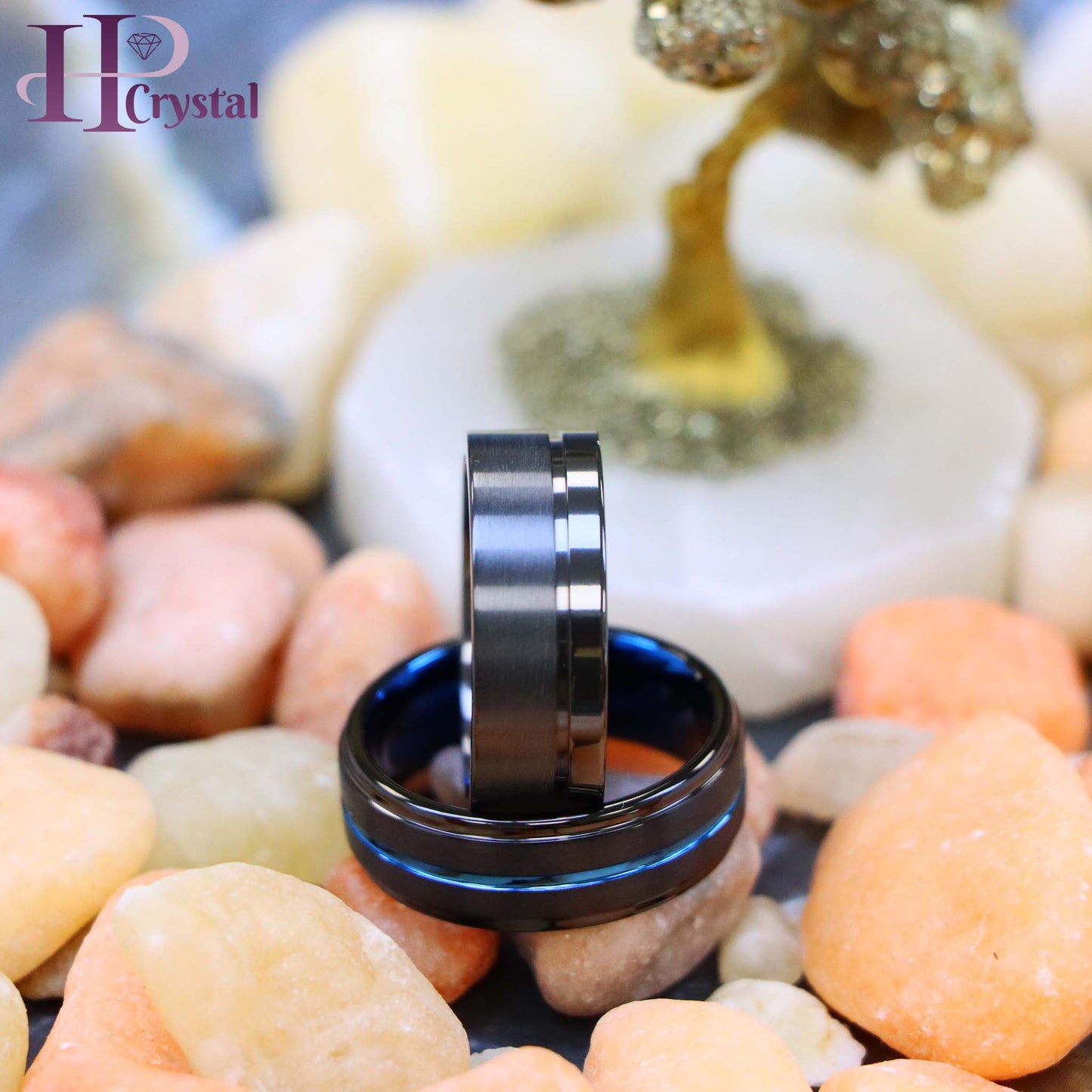 Zirconium Natural Gun Metal Off-Center Groove Zirconium Ring, Black IP with Blue Grooved Center Stepped Edge Tungsten Ring