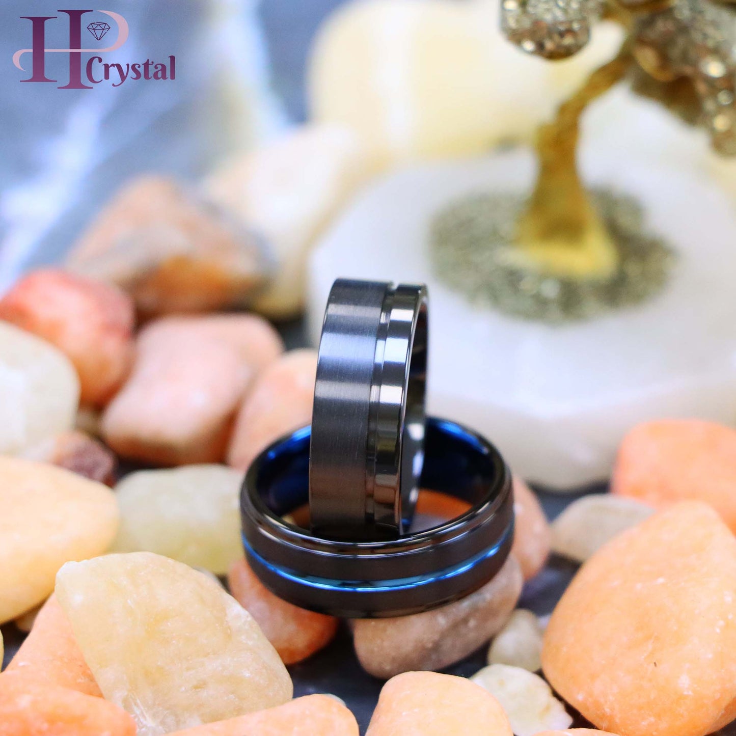 Zirconium Natural Gun Metal Off-Center Groove Zirconium Ring, Black IP with Blue Grooved Center Stepped Edge Tungsten Ring