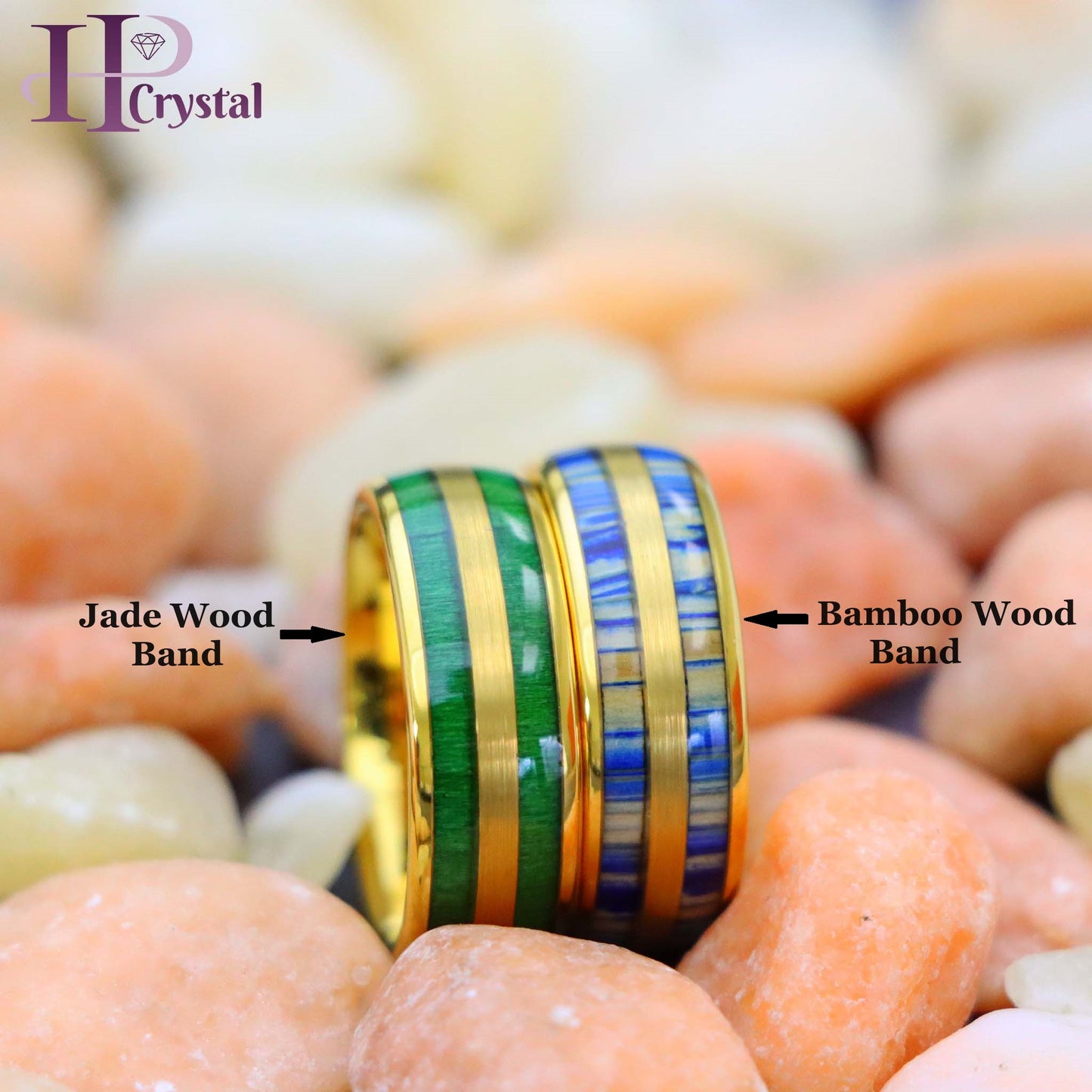 Yellow Gold IP & Indigo Blue Dyed Bamboo Inlay / Jade Wood Inlay Tungsten Ring