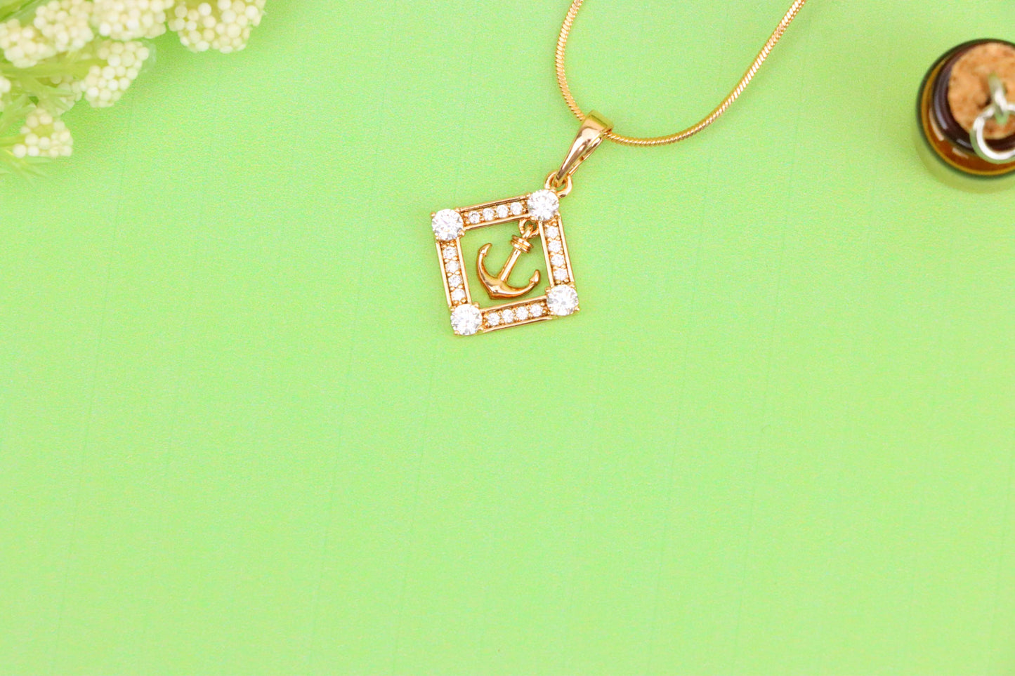 Rose Gold Anchor Pendant with Square CZ Frame for Nautical Elegance, XPPT1555 (2143-7)