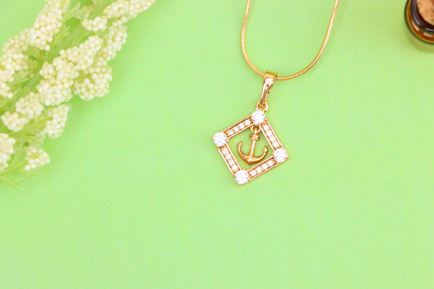 Rose Gold Anchor Pendant with Square CZ Frame for Nautical Elegance, XPPT1555 (2143-7)
