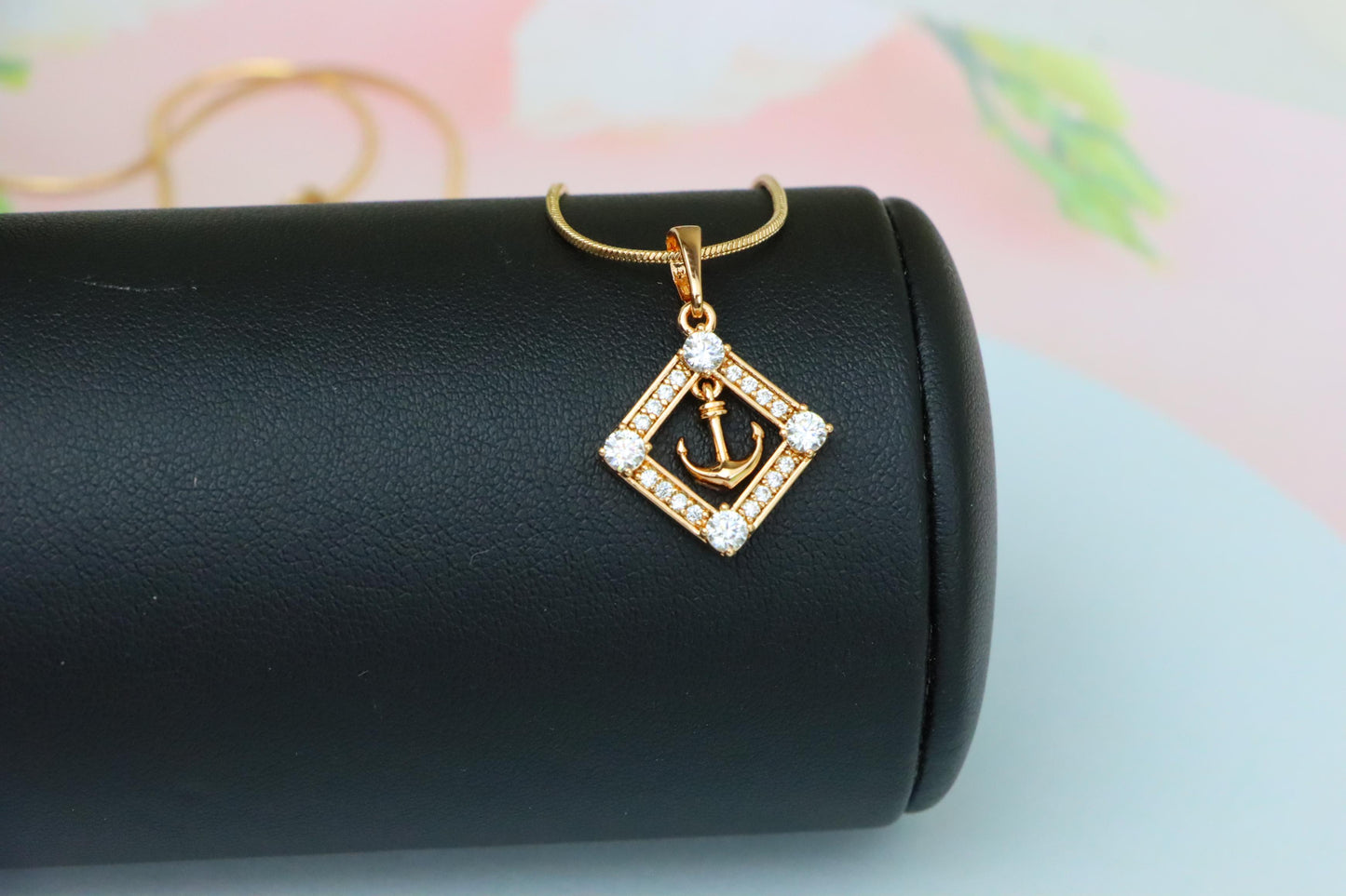 Rose Gold Anchor Pendant with Square CZ Frame for Nautical Elegance, XPPT1555 (2143-7)