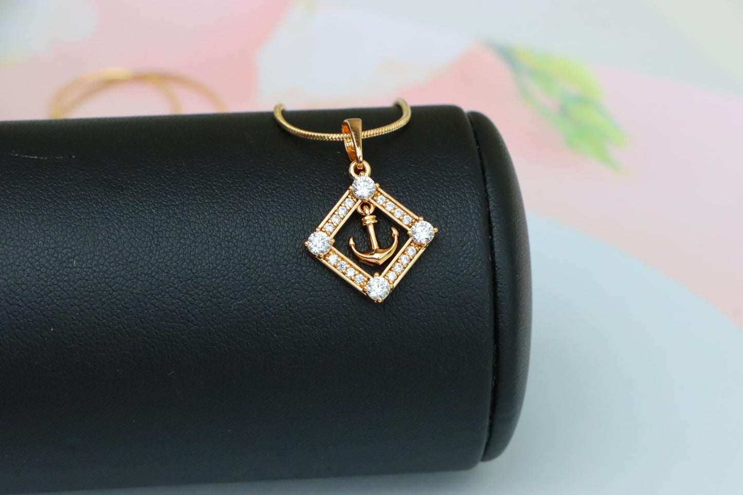 Rose Gold Anchor Pendant with Square CZ Frame for Nautical Elegance, XPPT1555 (2143-7)