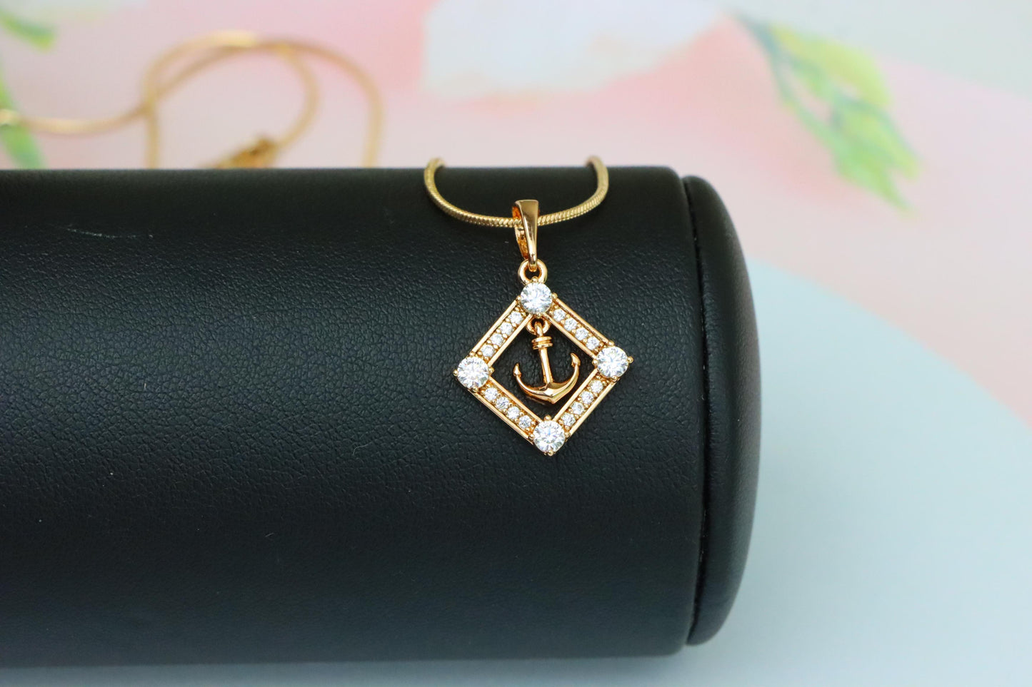 Rose Gold Anchor Pendant with Square CZ Frame for Nautical Elegance, XPPT1555 (2143-7)