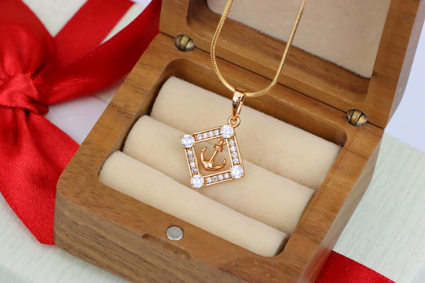 Rose Gold Anchor Pendant with Square CZ Frame for Nautical Elegance, XPPT1555 (2143-7)