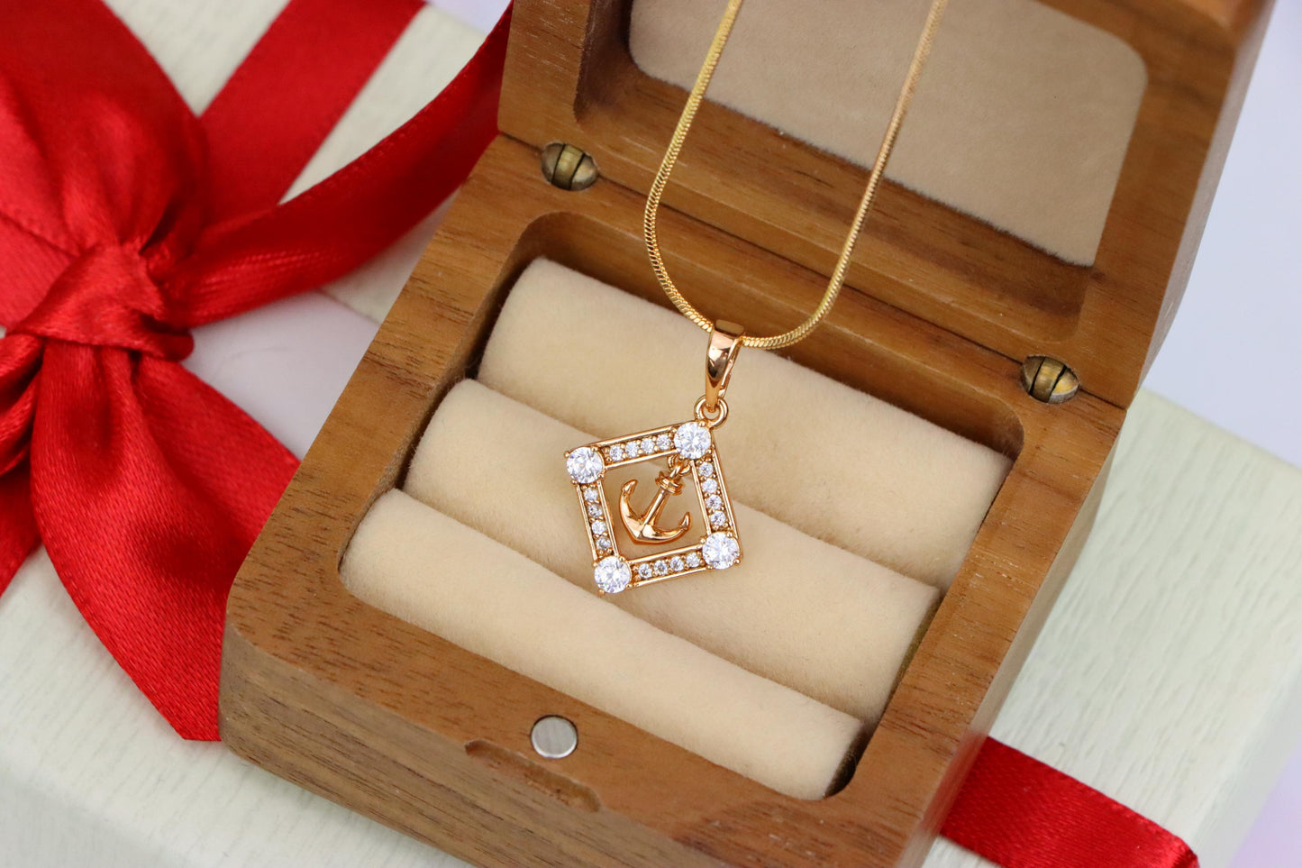 Rose Gold Anchor Pendant with Square CZ Frame for Nautical Elegance, XPPT1555 (2143-7)