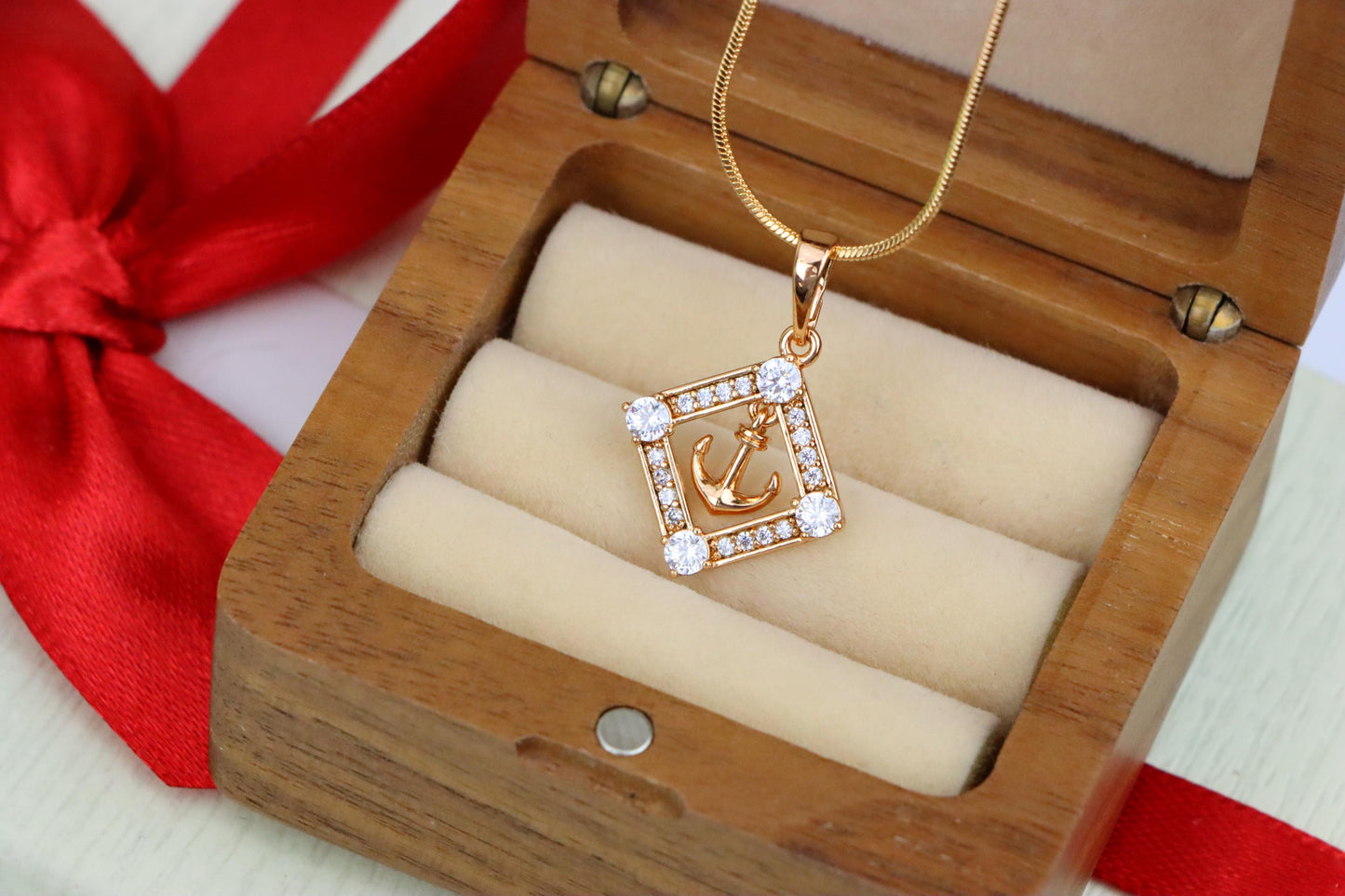 Rose Gold Anchor Pendant with Square CZ Frame for Nautical Elegance, XPPT1555 (2143-7)