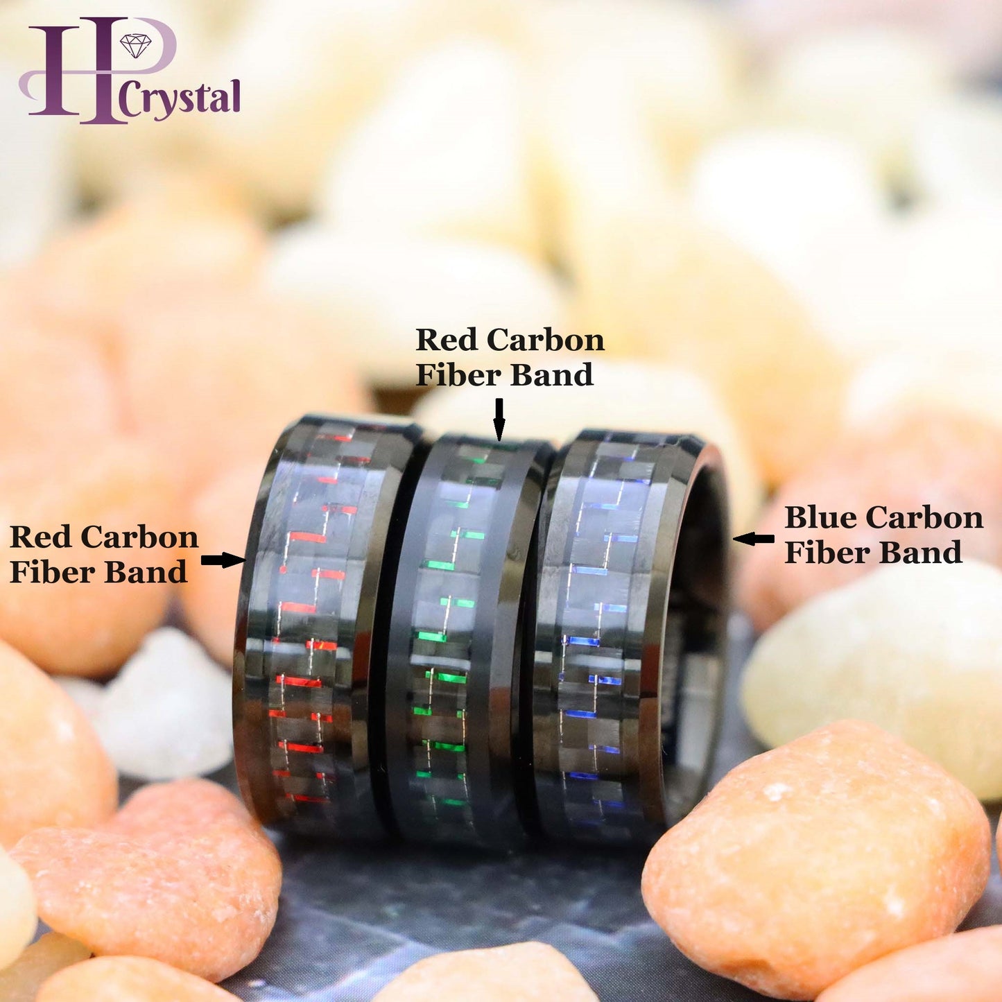 Black IP Plated with Green & Black/Blue & Black/Red & Black Carbon Fiber Inlay Tungsten Ring