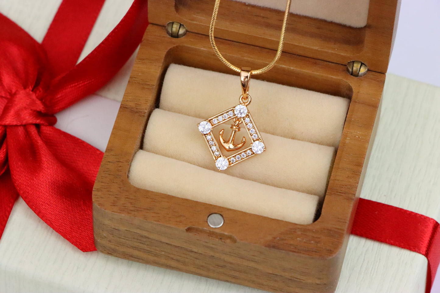 Rose Gold Anchor Pendant with Square CZ Frame for Nautical Elegance, XPPT1555 (2143-7)