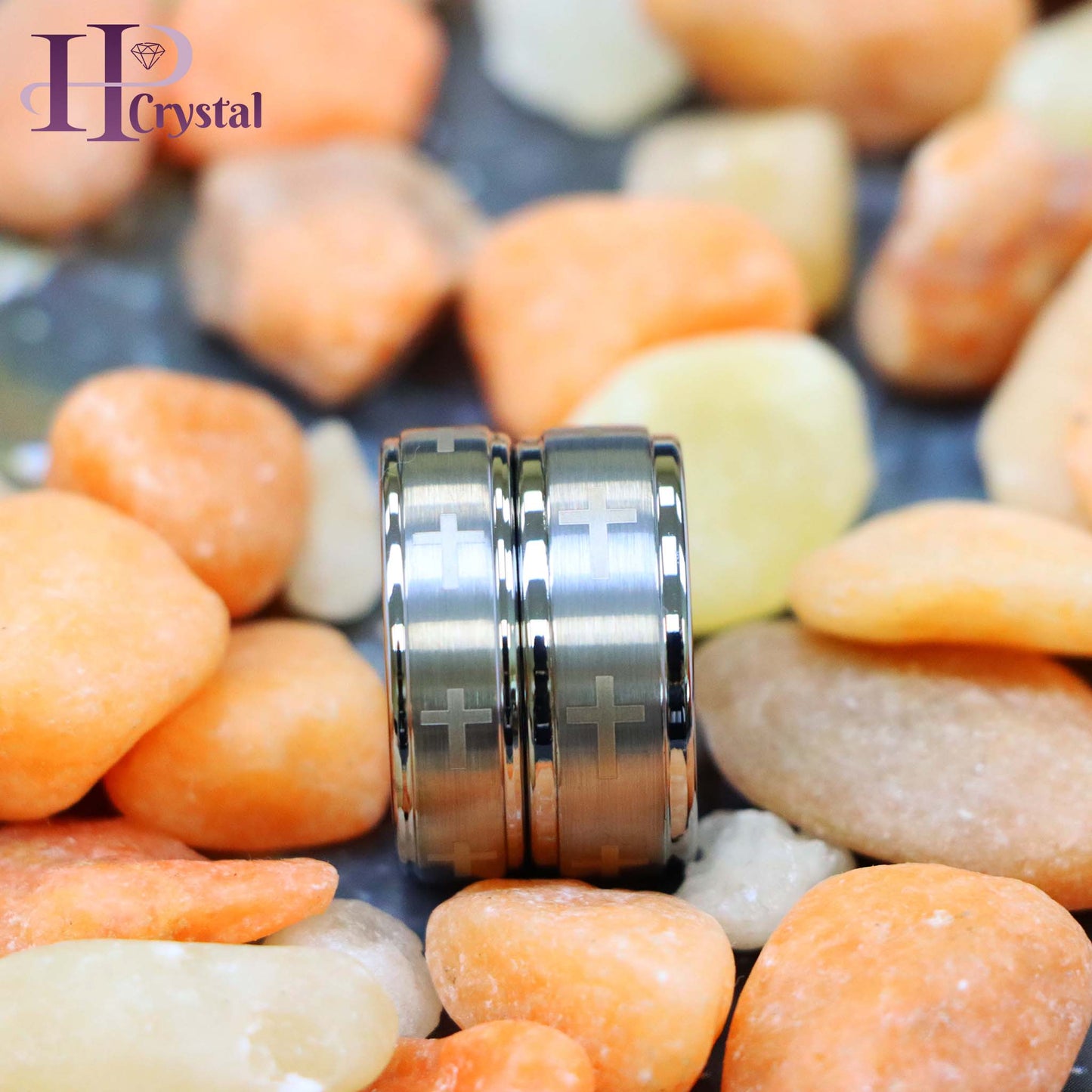 Laser Engraved Crosses Brushed Center Tungsten Ring
