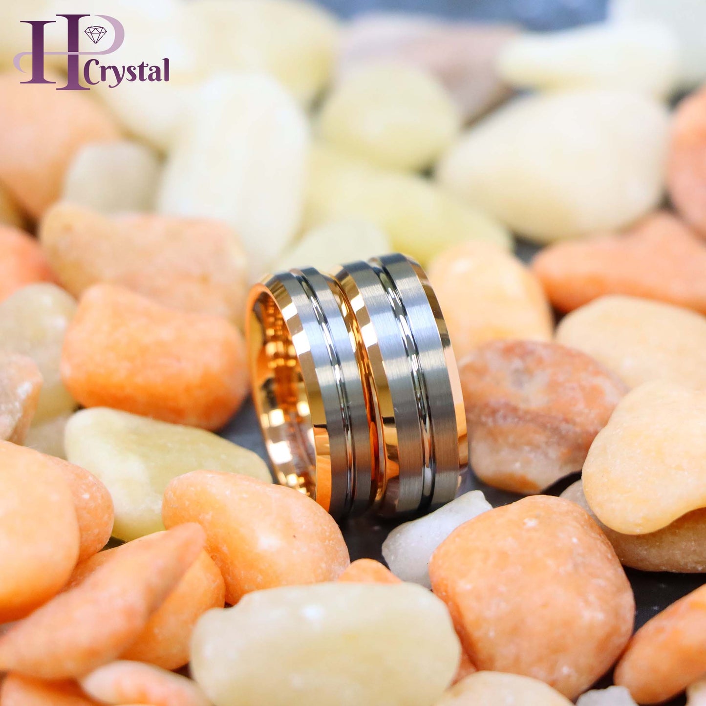 Rose Gold IP Plated Inside & Gun Metal Grooved Brushed Center Tungsten Ring