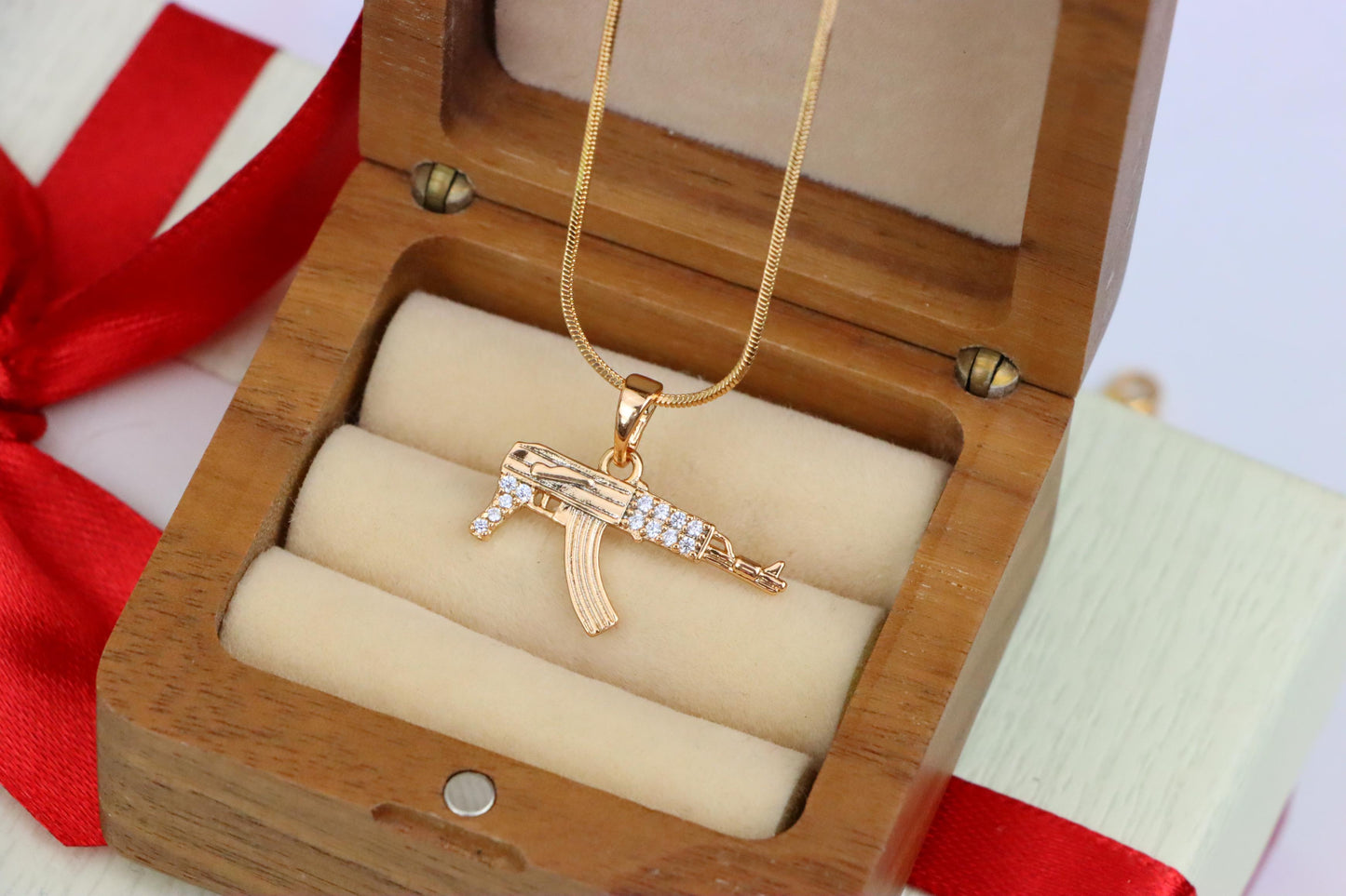 AK-47 Shaped Rose Gold Pendant with Crystal Detailing, XPPT1556 (2143-8)