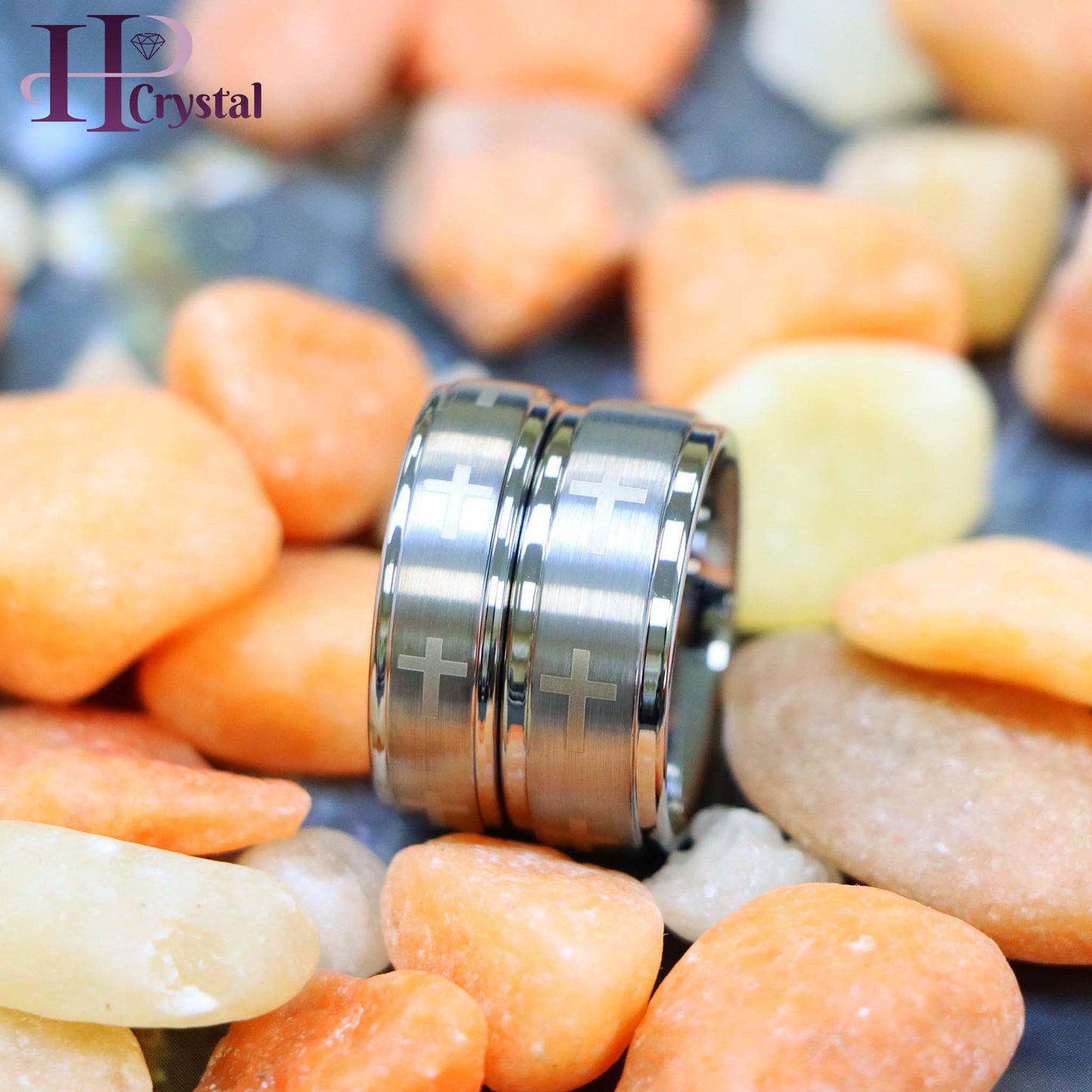 Laser Engraved Crosses Brushed Center Tungsten Ring