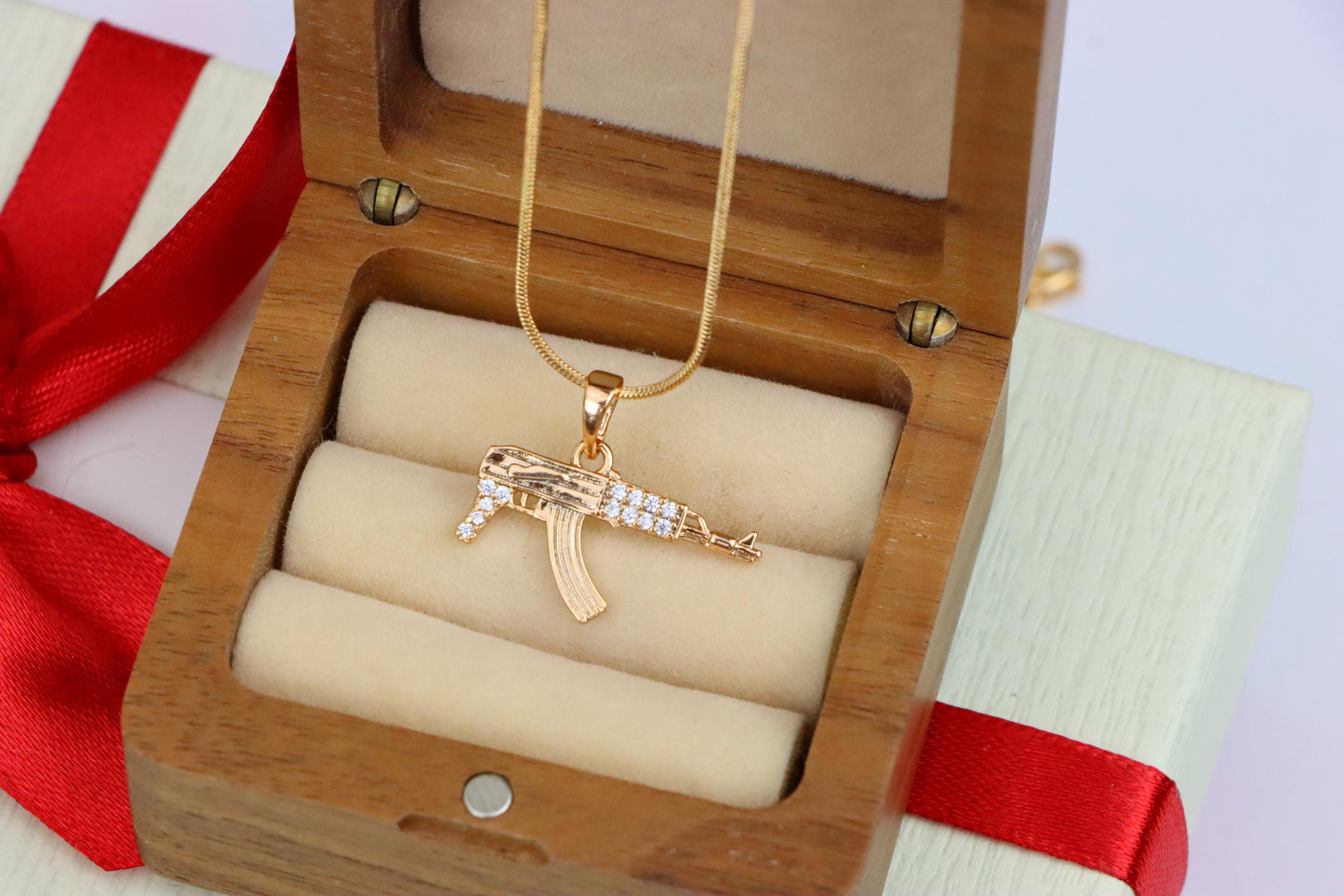 AK-47 Shaped Rose Gold Pendant with Crystal Detailing, XPPT1556 (2143-8)
