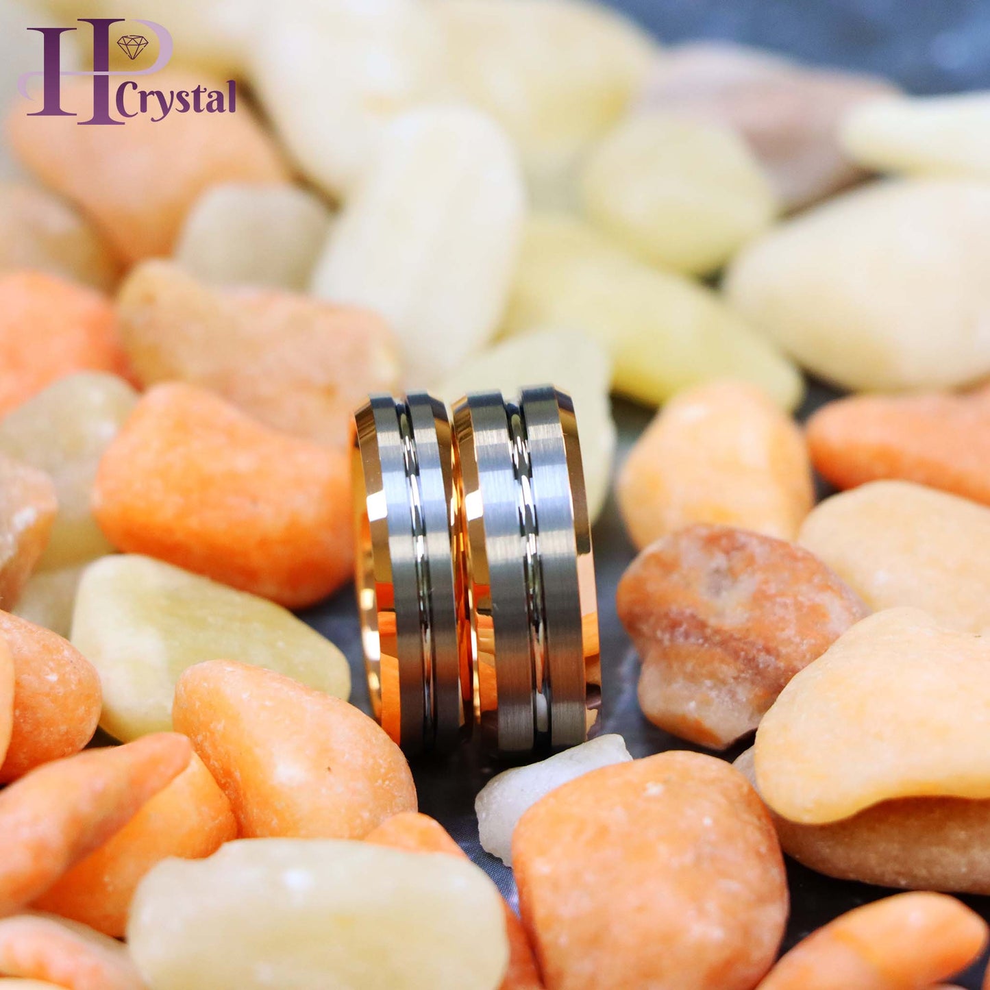 Rose Gold IP Plated Inside & Gun Metal Grooved Brushed Center Tungsten Ring