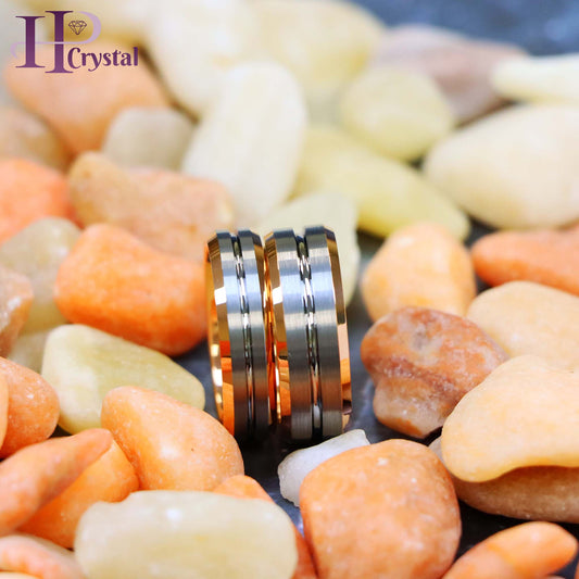 Rose Gold IP Plated Inside & Gun Metal Grooved Brushed Center Tungsten Ring (MARET953)