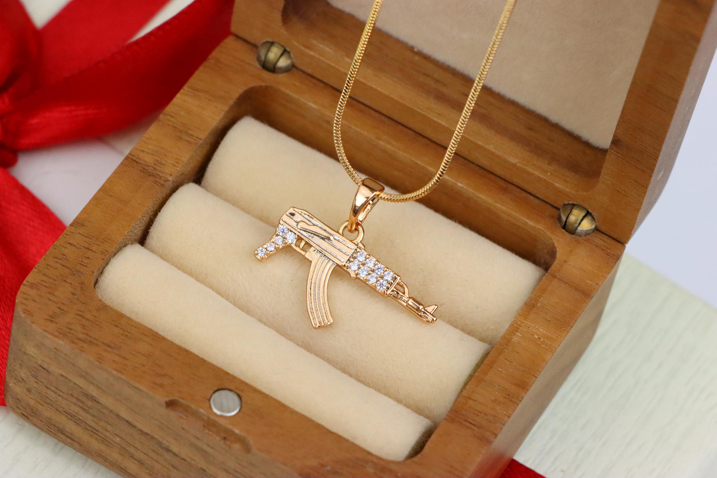 AK-47 Shaped Rose Gold Pendant with Crystal Detailing, XPPT1556 (2143-8)