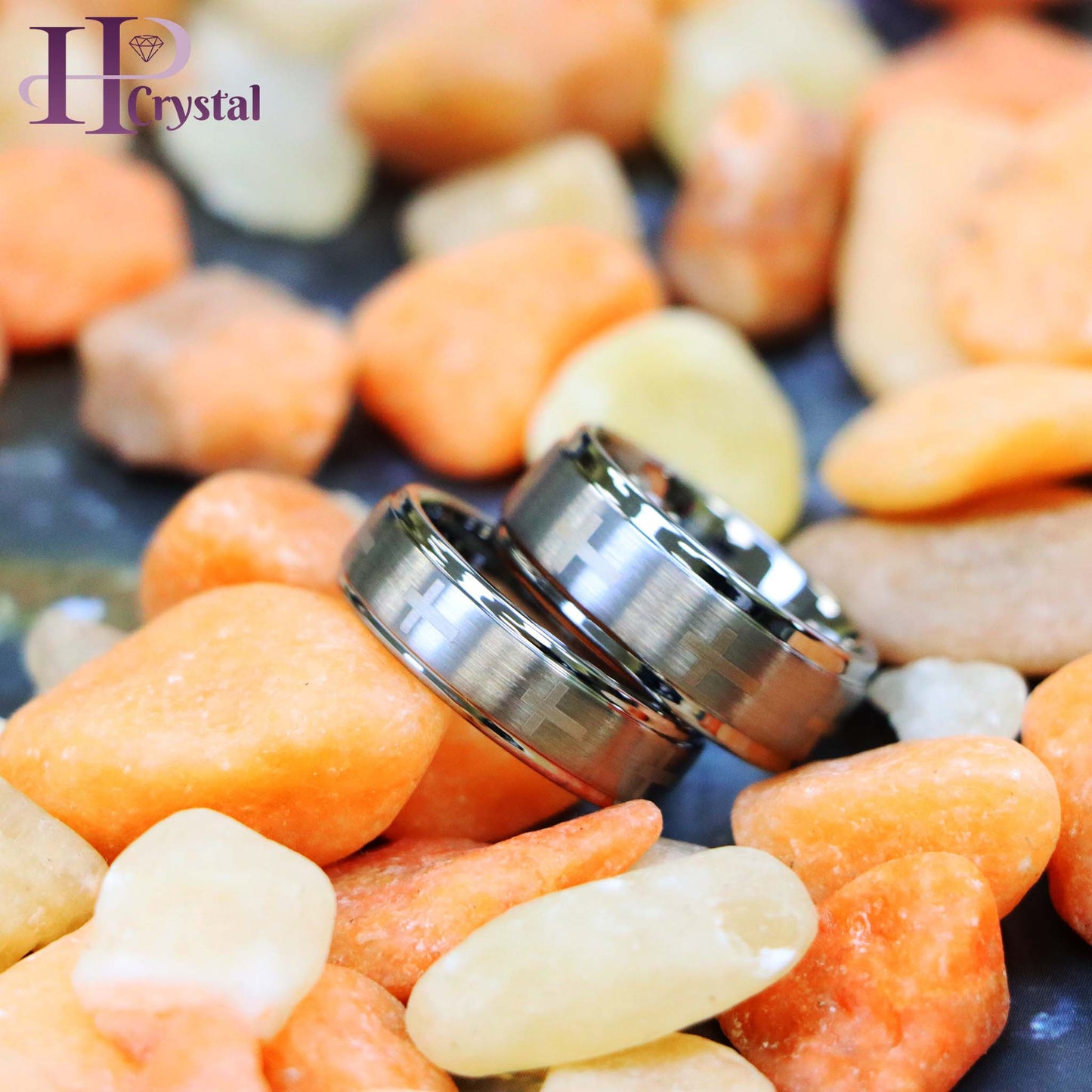Laser Engraved Crosses Brushed Center Tungsten Ring
