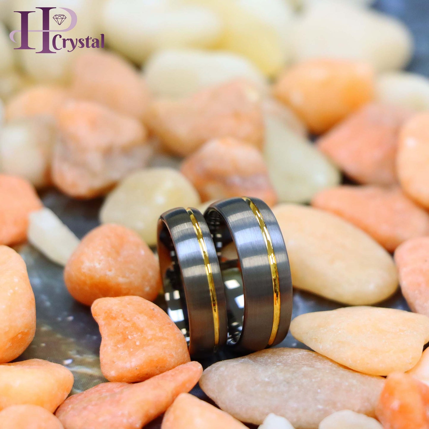 Gun Metal IP Plated Brushed Domed with Off Center Yellow IP Strip Tungsten Ring