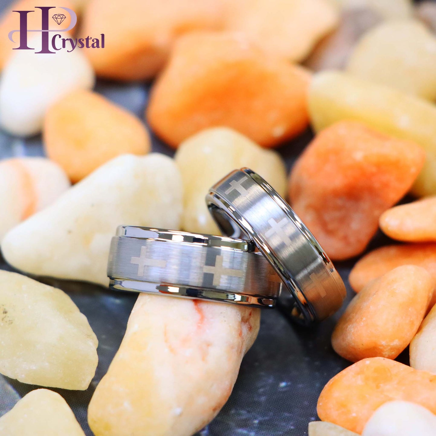 Laser Engraved Crosses Brushed Center Tungsten Ring