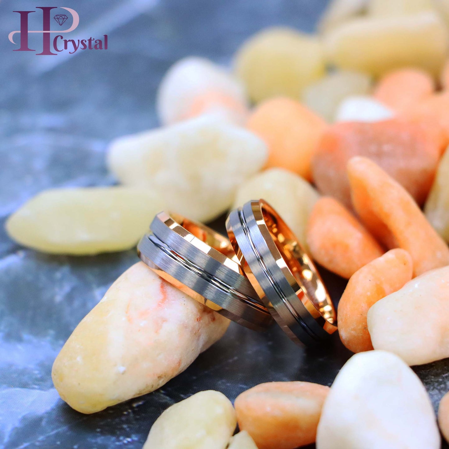 Rose Gold IP Plated Inside & Gun Metal Grooved Brushed Center Tungsten Ring