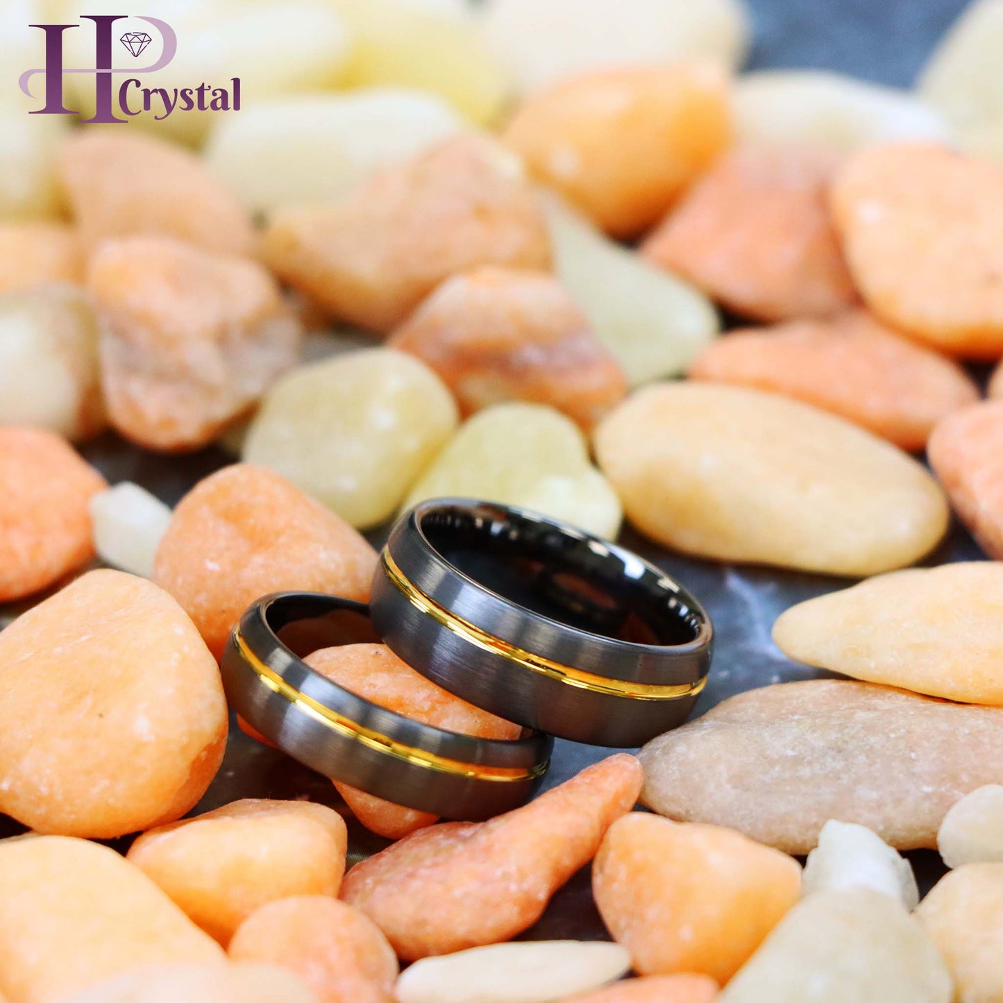 Gun Metal IP Plated Brushed Domed with Off Center Yellow IP Strip Tungsten Ring
