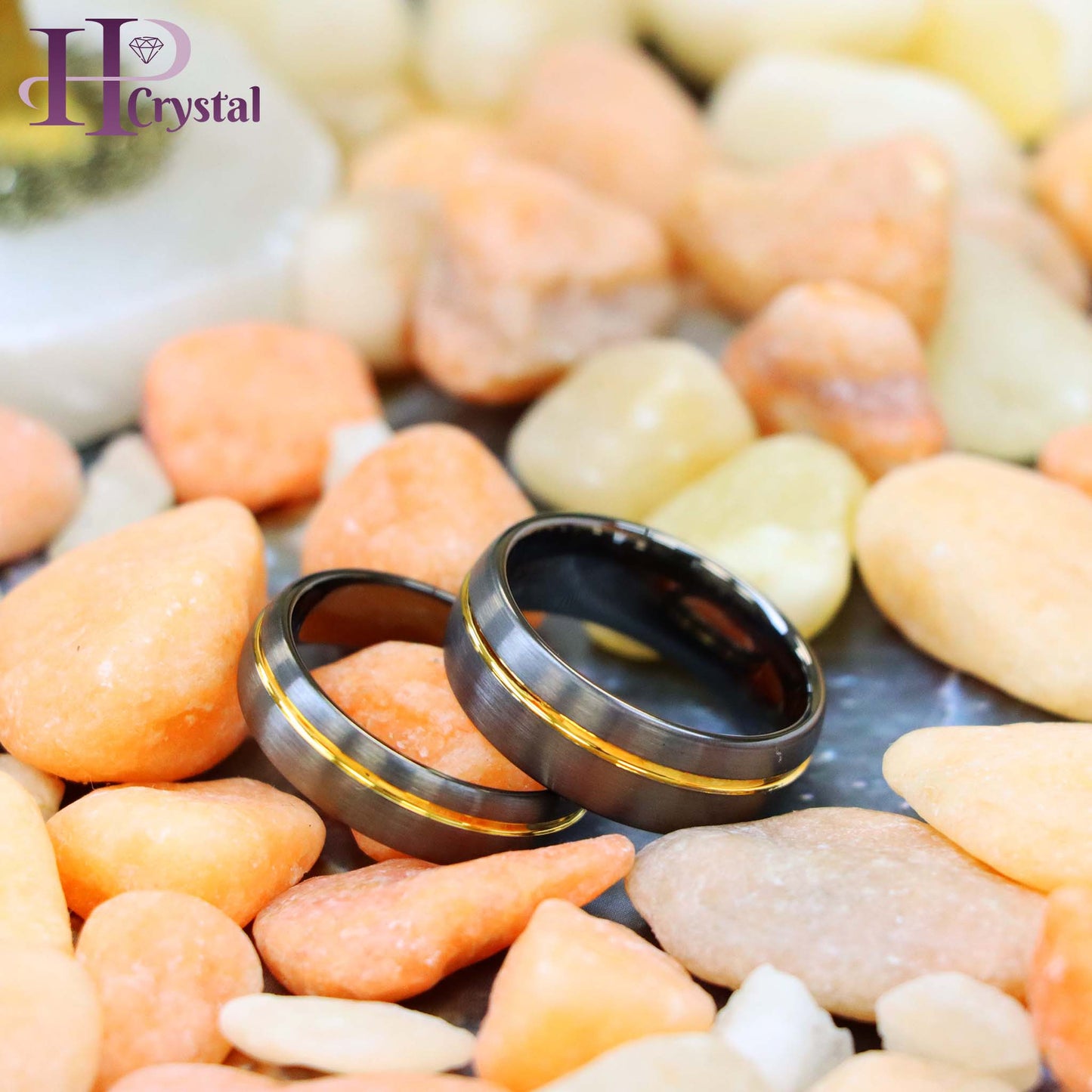 Gun Metal IP Plated Brushed Domed with Off Center Yellow IP Strip Tungsten Ring