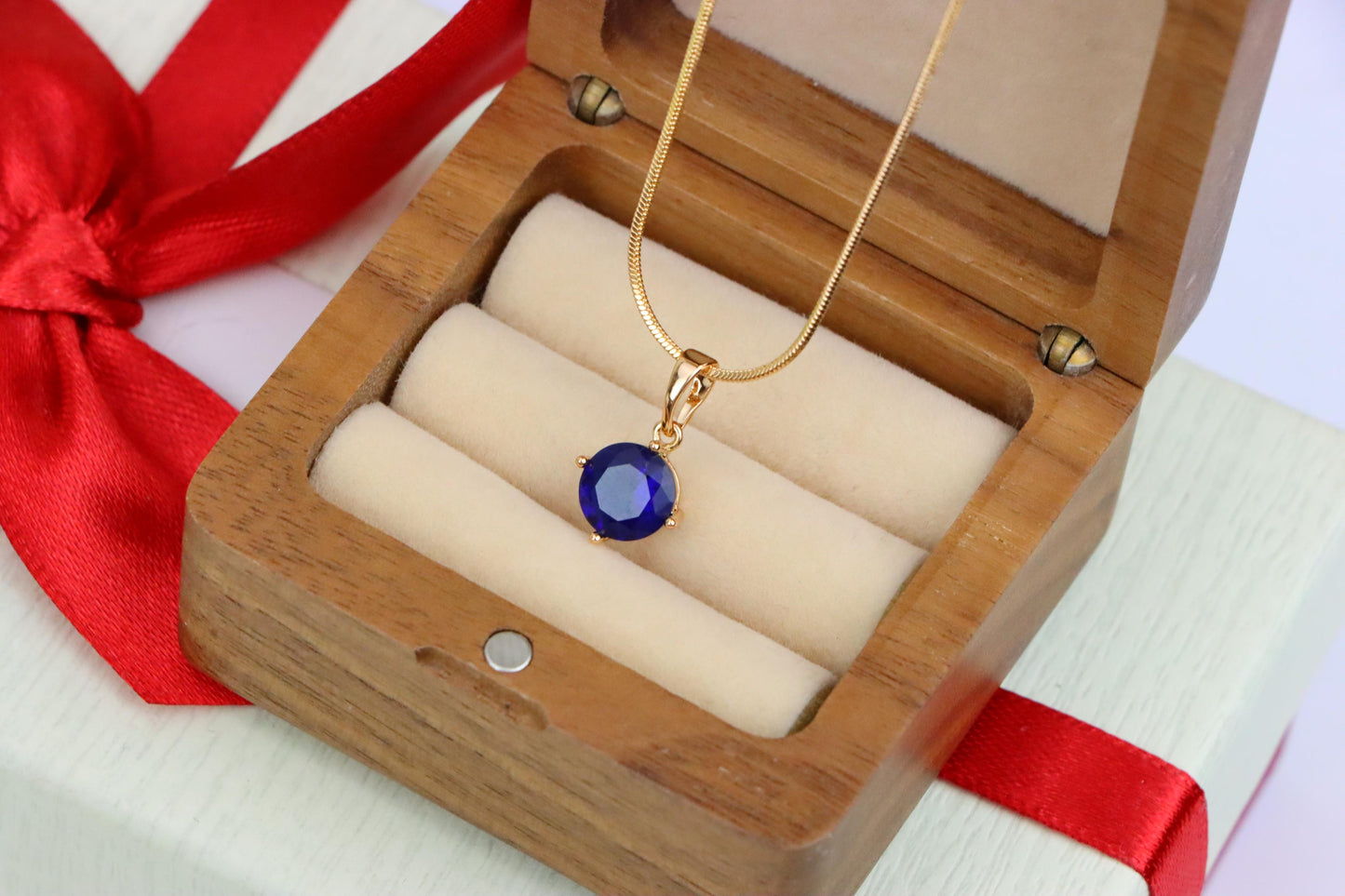 Elegant Round Blue Stone Pendant in Rose Gold Finish, XPPT1558 (2143-10)