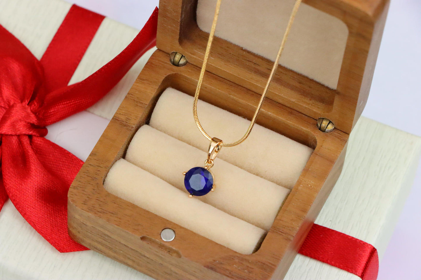 Elegant Round Blue Stone Pendant in Rose Gold Finish, XPPT1558 (2143-10)