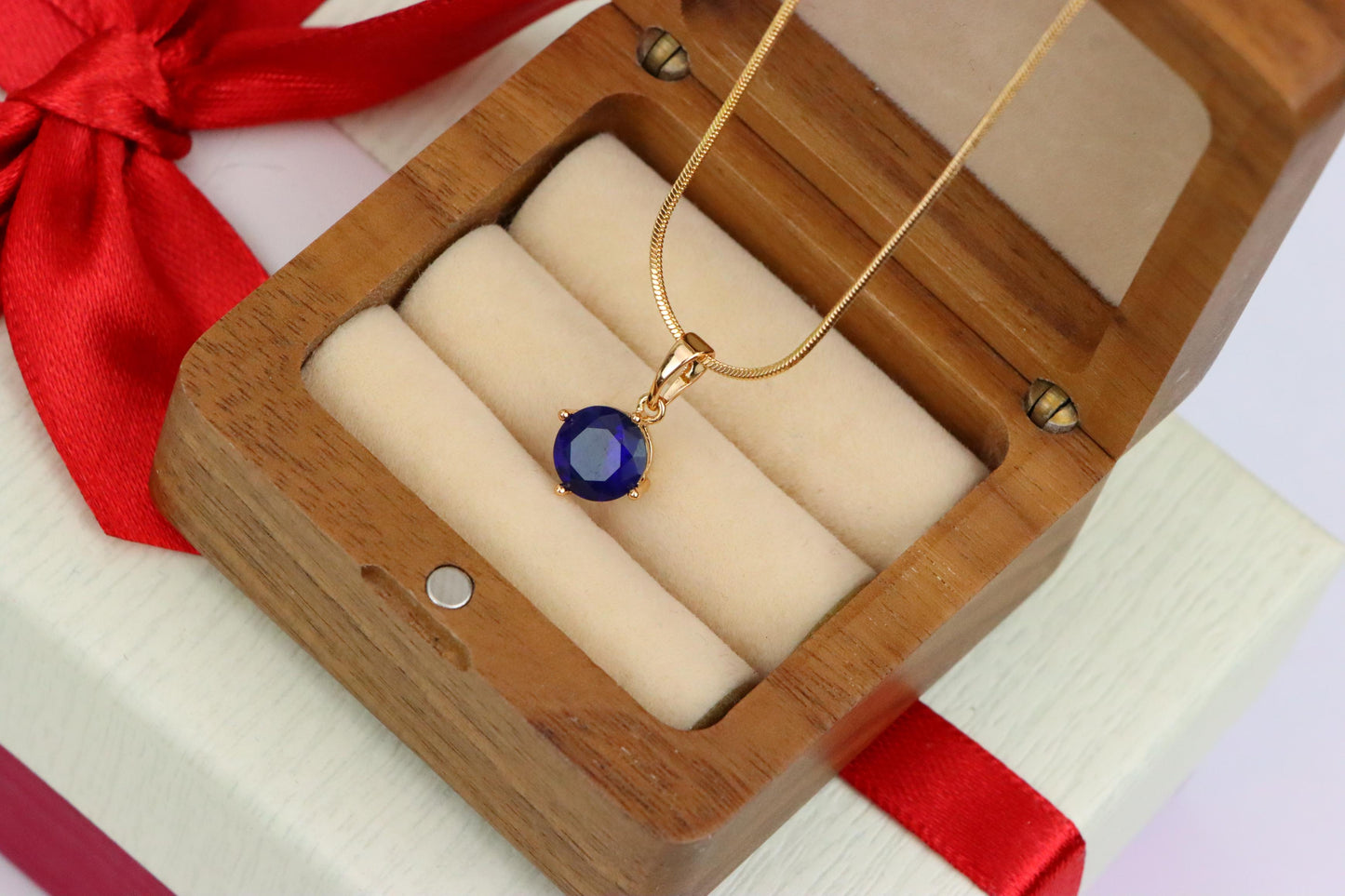 Elegant Round Blue Stone Pendant in Rose Gold Finish, XPPT1558 (2143-10)
