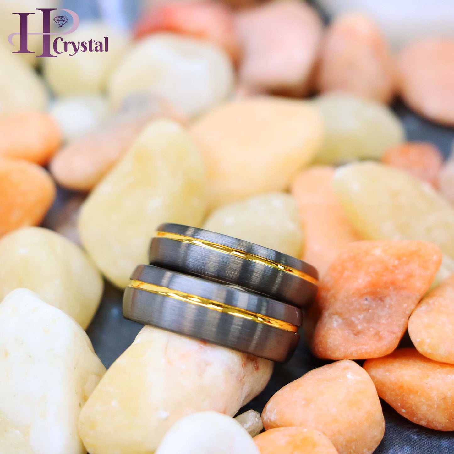 Gun Metal IP Plated Brushed Domed with Off Center Yellow IP Strip Tungsten Ring
