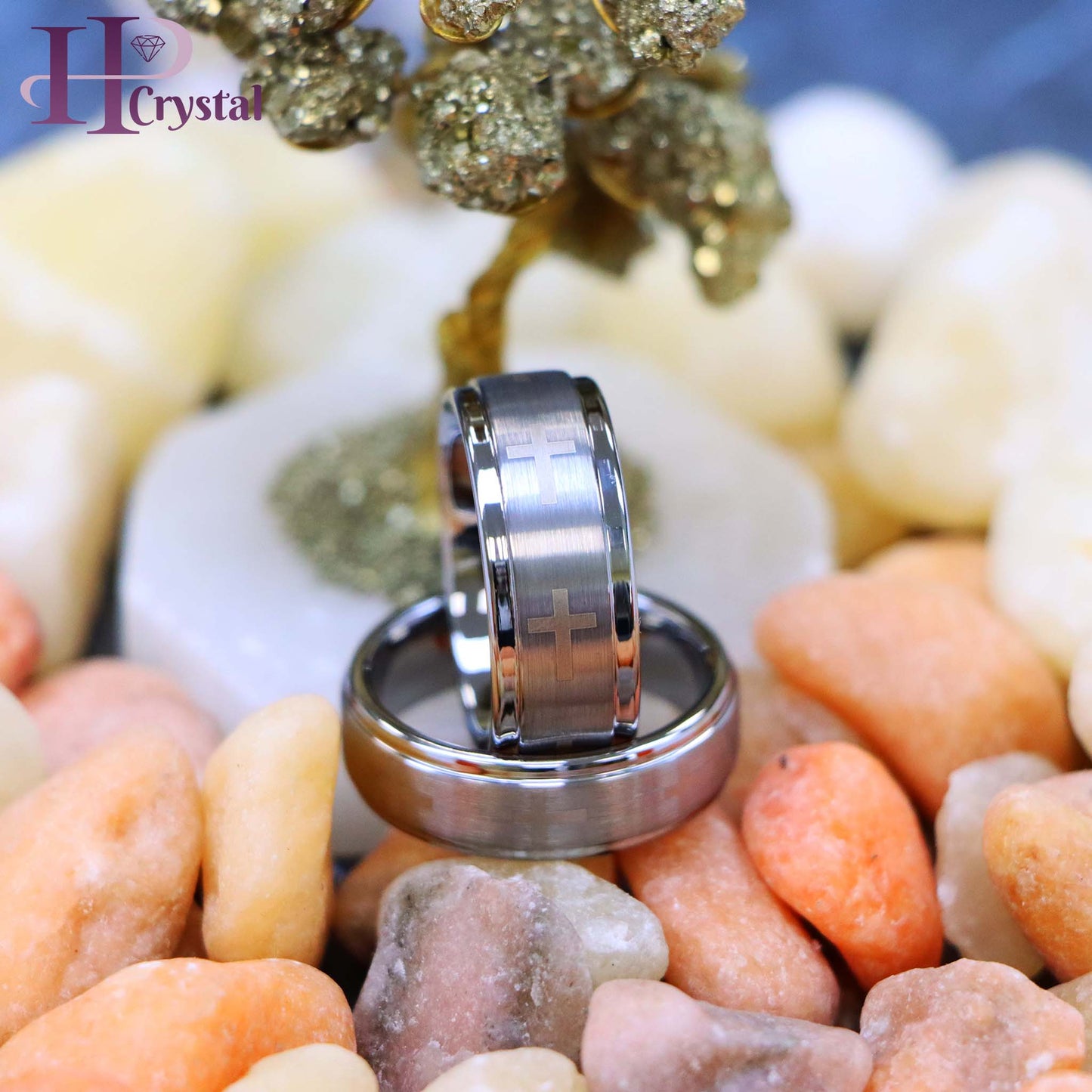 Laser Engraved Crosses Brushed Center Tungsten Ring