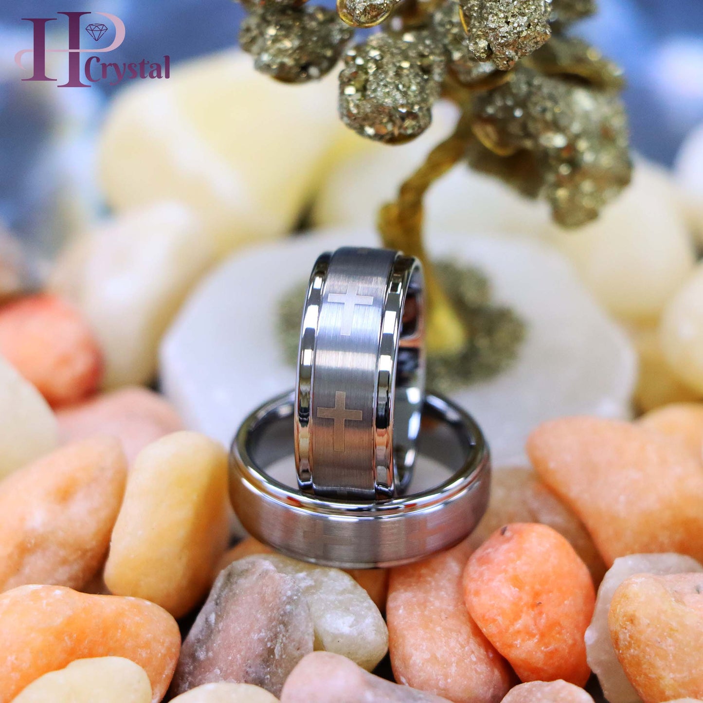 Laser Engraved Crosses Brushed Center Tungsten Ring