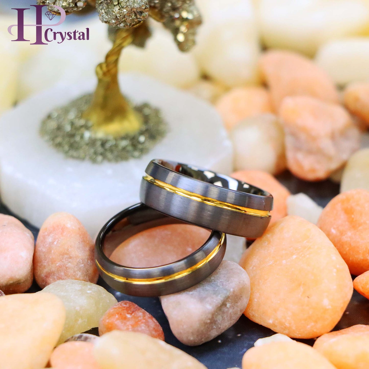 Gun Metal IP Plated Brushed Domed with Off Center Yellow IP Strip Tungsten Ring