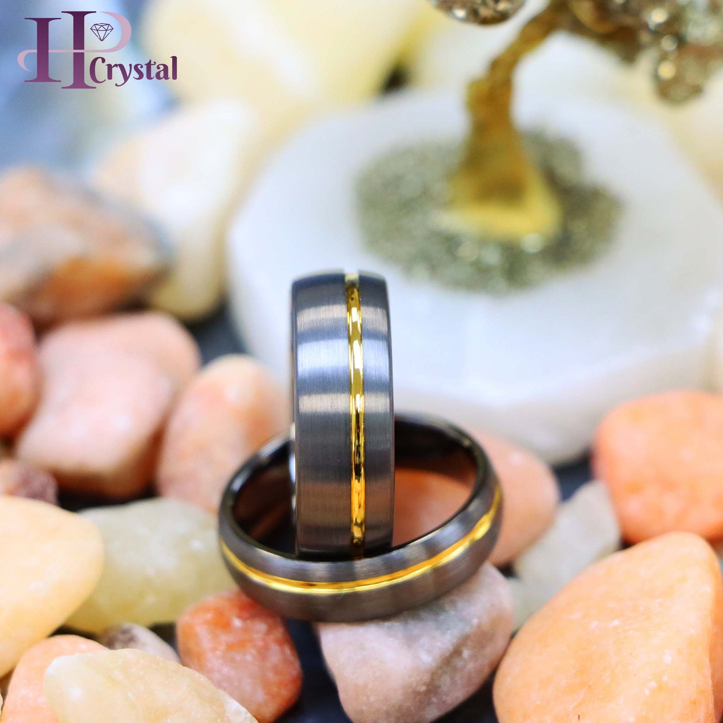 Gun Metal IP Plated Brushed Domed with Off Center Yellow IP Strip Tungsten Ring