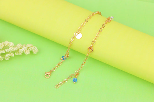 Elegant Rose Gold Anklet with Blue Beads and Pearl Charms, XPAL1180 (2118-9)