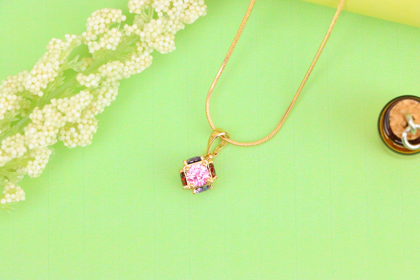 Cube Design Rose Gold Pendant with Multicolor Stones, XPPT1563 (2144-3)