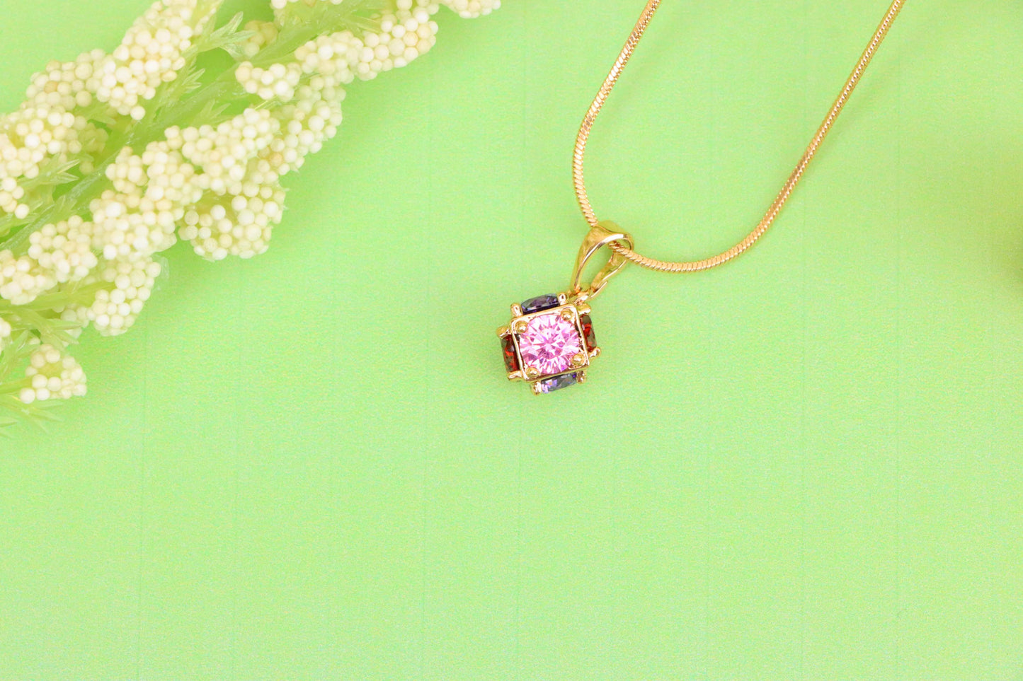 Cube Design Rose Gold Pendant with Multicolor Stones, XPPT1563 (2144-3)