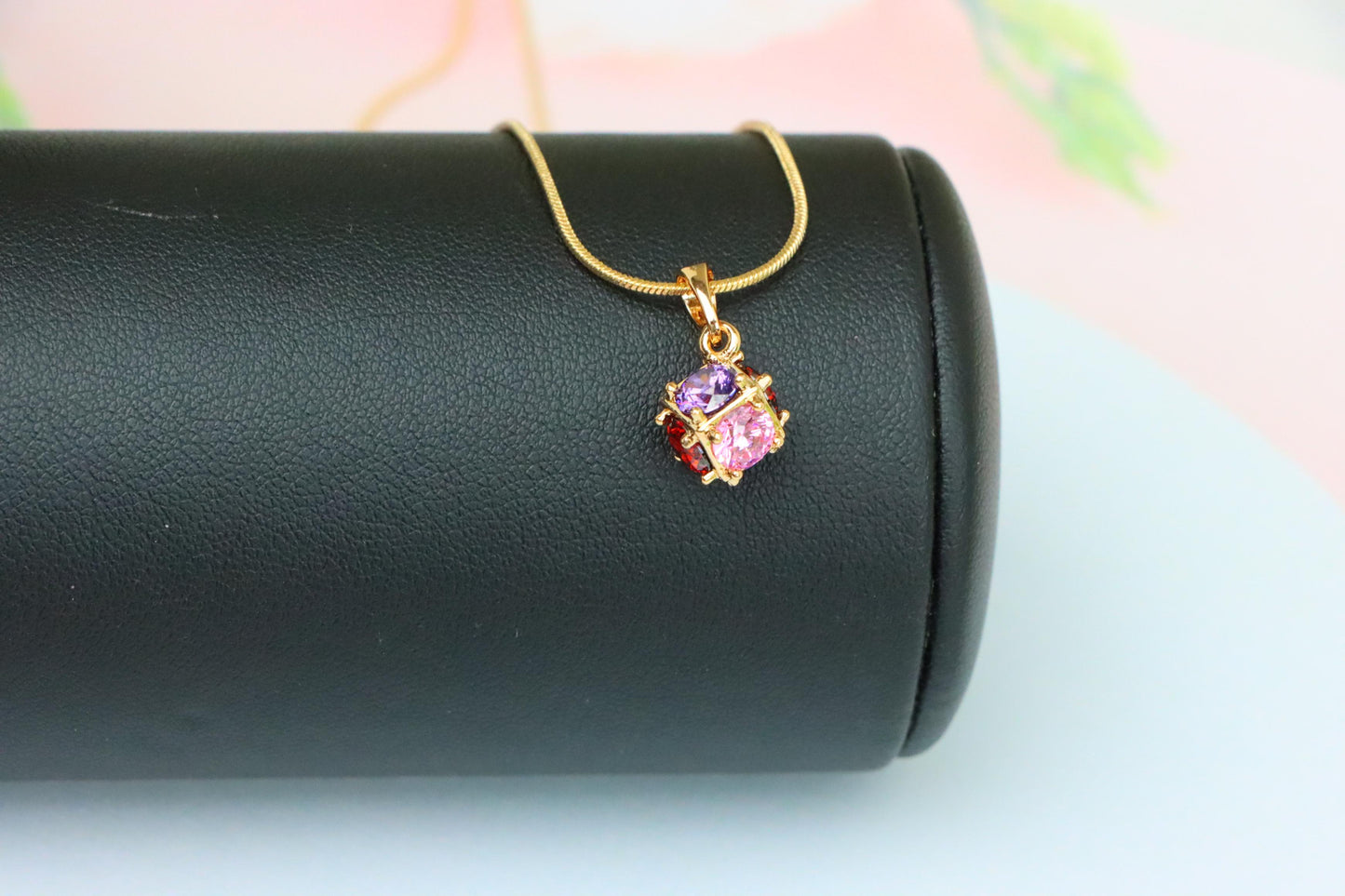 Cube Design Rose Gold Pendant with Multicolor Stones, XPPT1563 (2144-3)