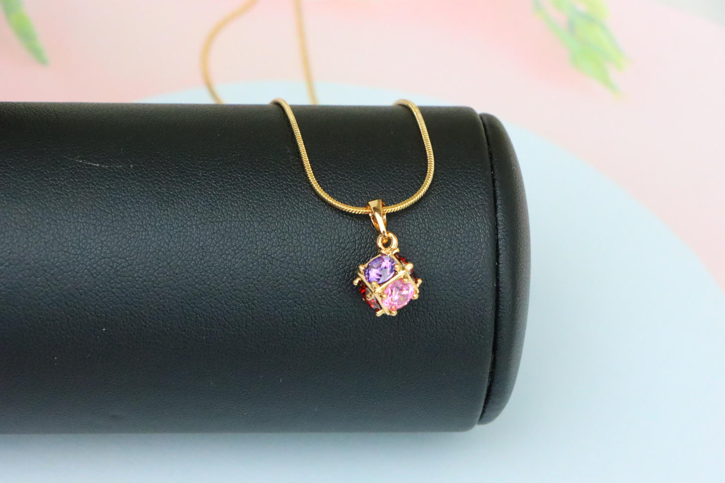 Cube Design Rose Gold Pendant with Multicolor Stones, XPPT1563 (2144-3)