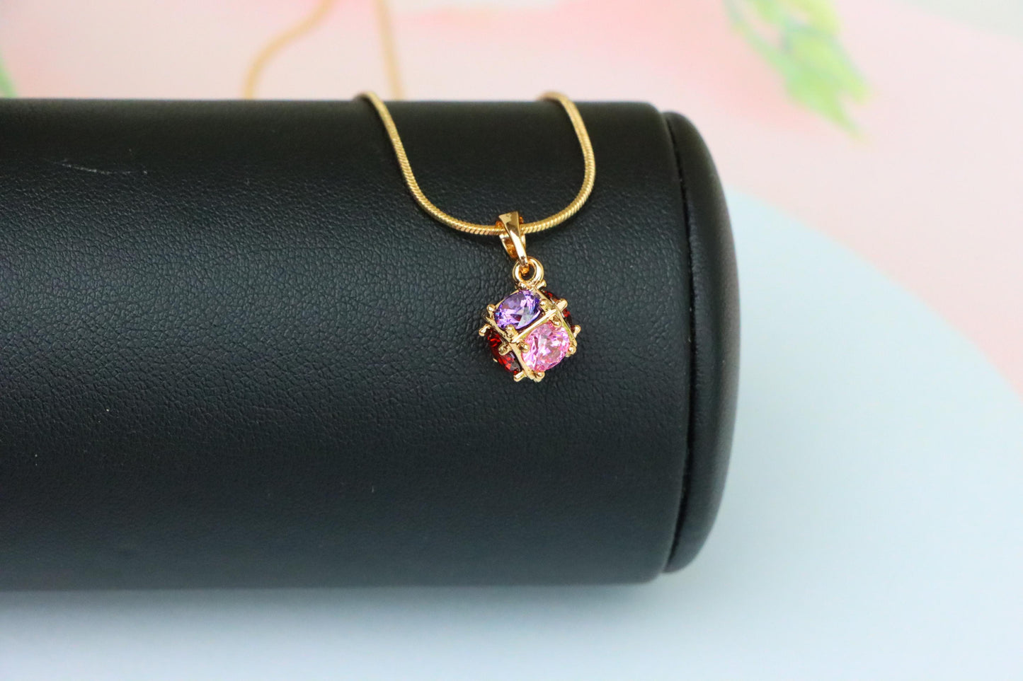 Cube Design Rose Gold Pendant with Multicolor Stones, XPPT1563 (2144-3)