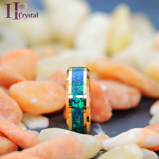 Rose Gold IP Plated with Synthetic Emerald-Green Opal Inlay Tungsten Ring (MARET881-1)