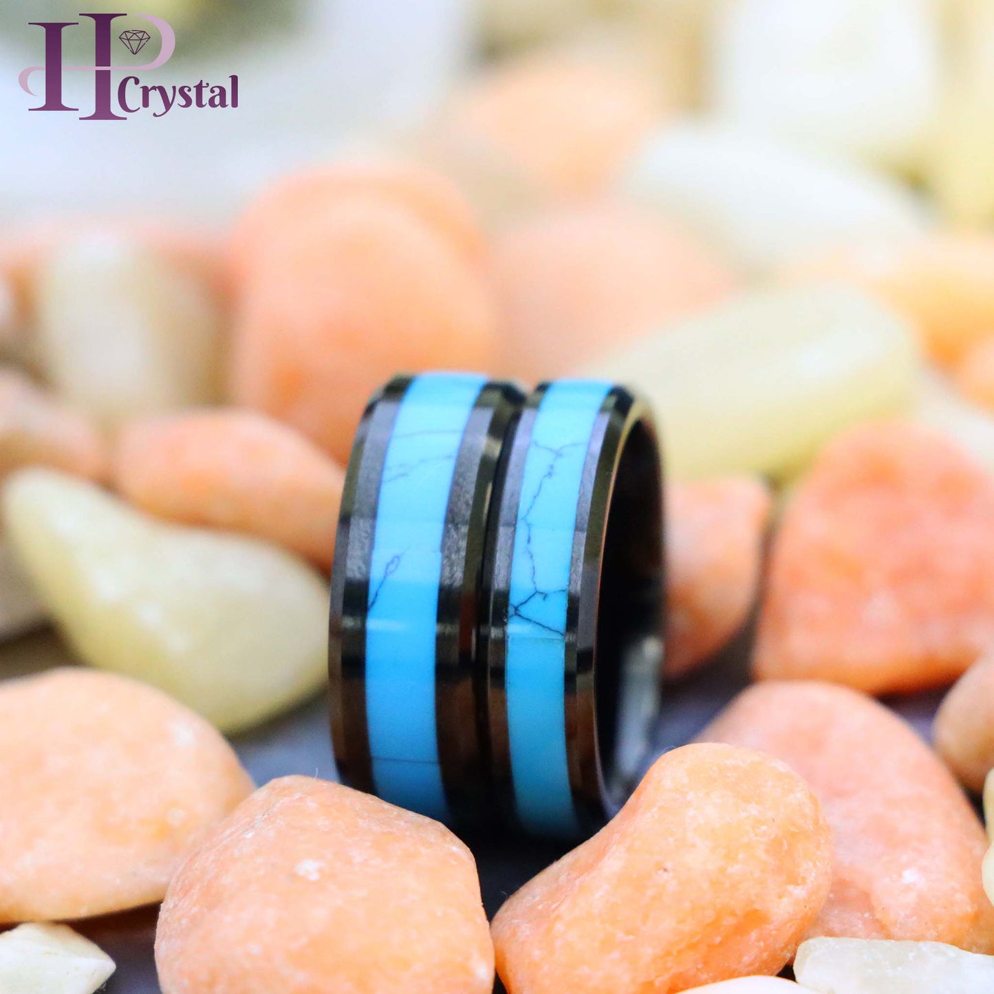 Black IP with Synthetic Blue Turquoise Inlay Beveled Edge Tungsten Ring