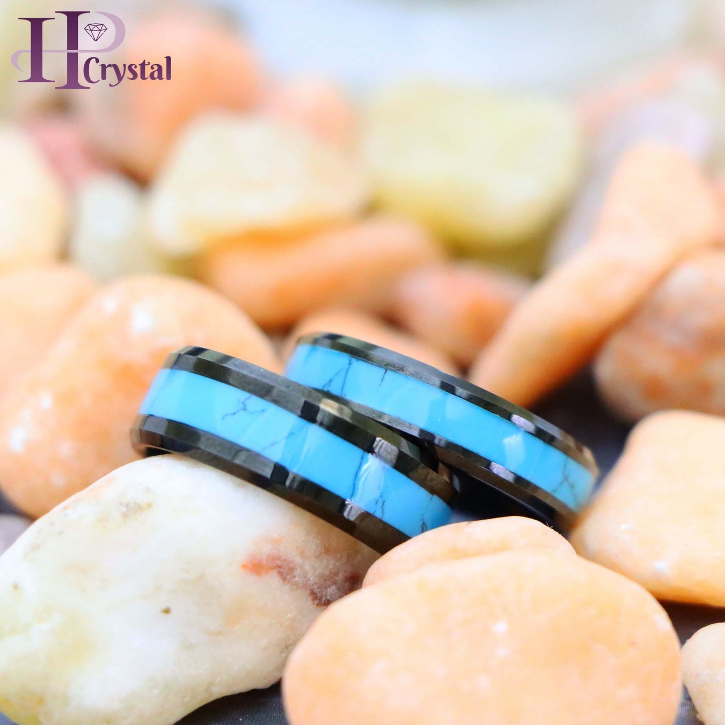 Black IP with Synthetic Blue Turquoise Inlay Beveled Edge Tungsten Ring