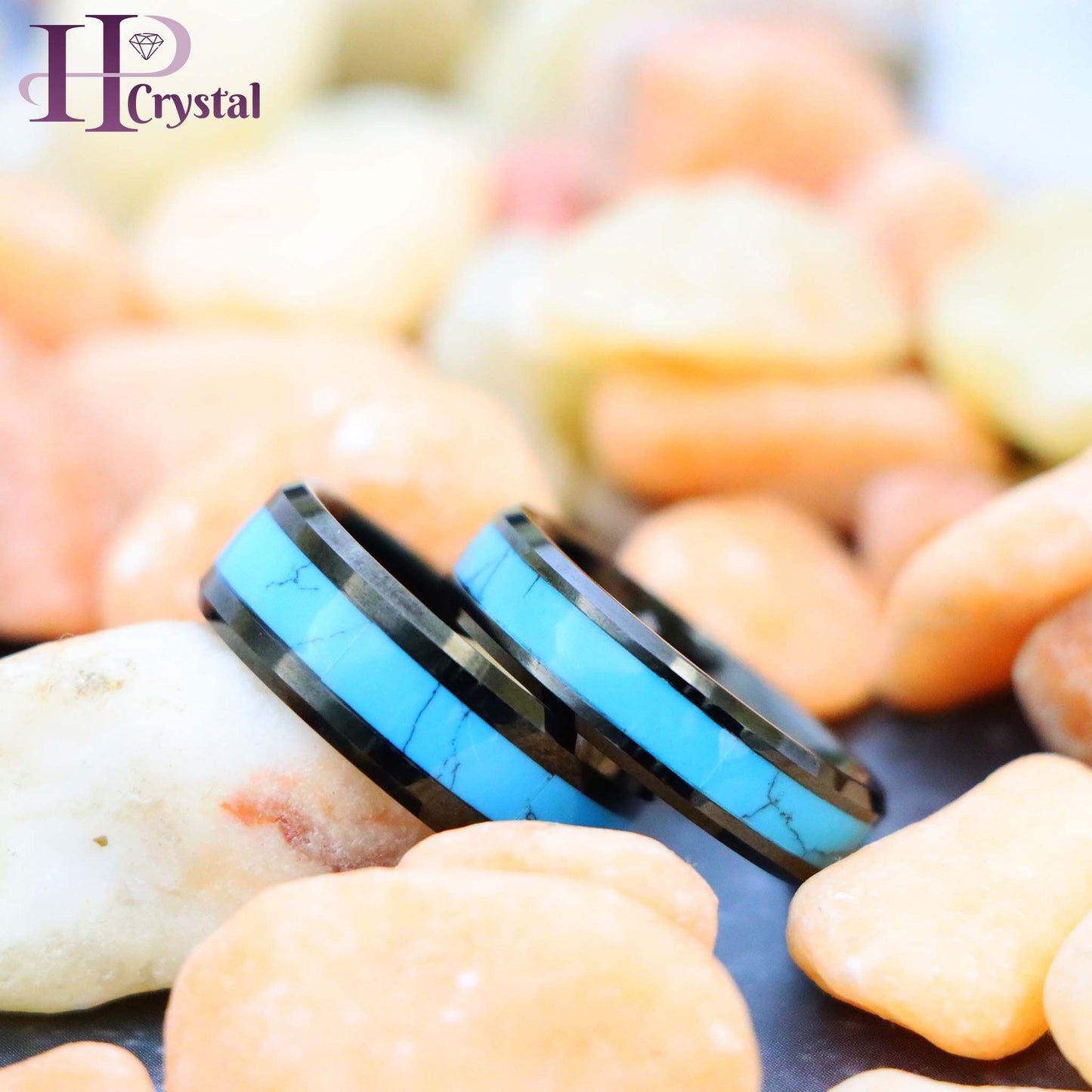 Black IP with Synthetic Blue Turquoise Inlay Beveled Edge Tungsten Ring