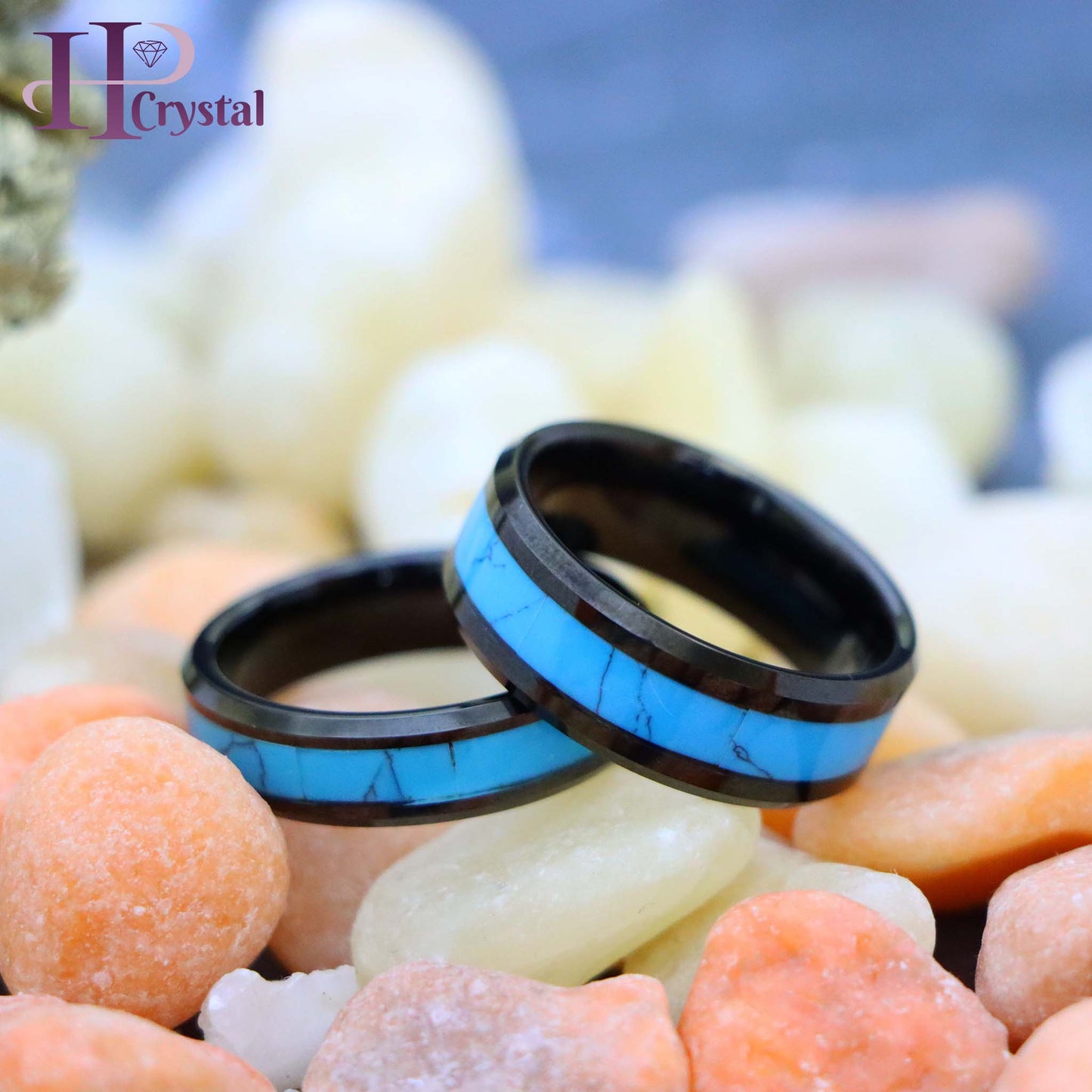 Black IP with Synthetic Blue Turquoise Inlay Beveled Edge Tungsten Ring