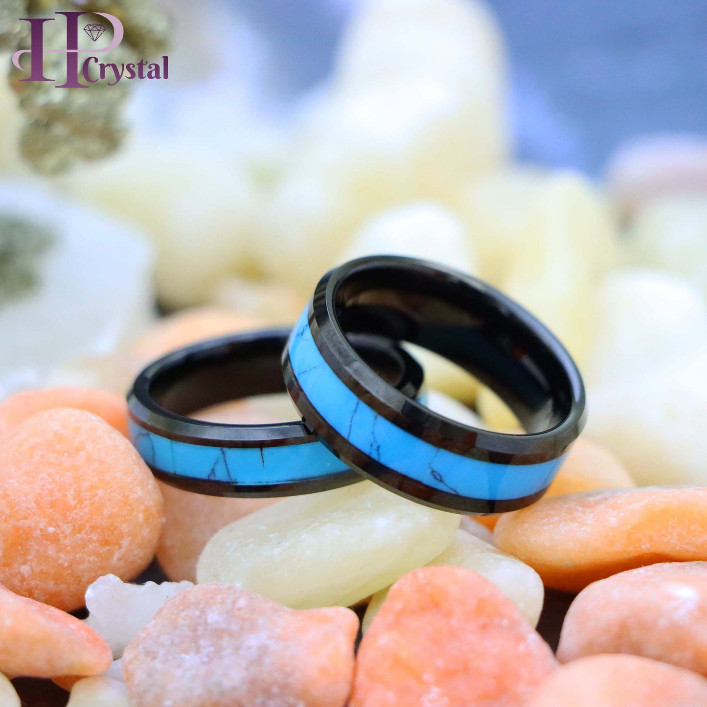 Black IP with Synthetic Blue Turquoise Inlay Beveled Edge Tungsten Ring
