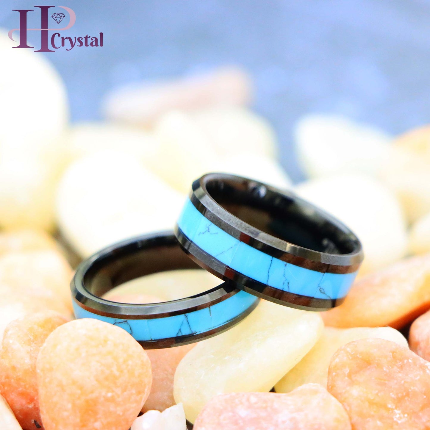 Black IP with Synthetic Blue Turquoise Inlay Beveled Edge Tungsten Ring